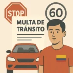 Ciudadano revisando multas de tránsito en Colombia junto a señales viales y un vehículo, representando el proceso legal de sanción en 2025.